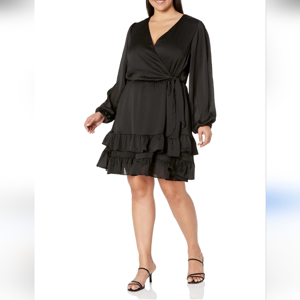 NWT City Chic Arya Ruffle Satin Dress In Black Size Woman's 14